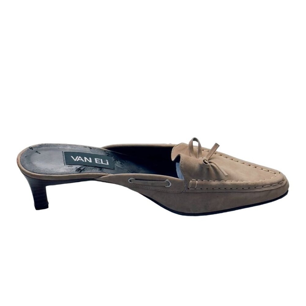 VAN ELI Womens Shoes Beige Suede Leather Kitten Heel Mules Moccasin Look Size 7M - Picture 8 of 13